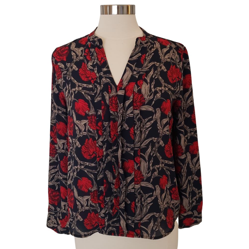 Banana Republic Petite Small Floral V-Neck Pleated Blouse Navy Red Long‎ Sleeve